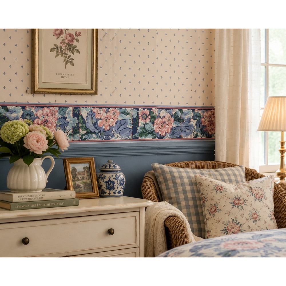 Vintage Laura‎ Ashley Home Wallpaper Border Ashbourne Floral Pink Blue 2 Rolls
